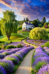 Obraz premium Idyllic countryside estate with lavender fields and a charming house