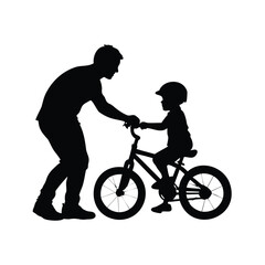 Fototapeta premium Father teaching his son how to ride a bicycle, silhouette art
