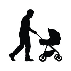 A Silhouette of a Person Pushing a Stroller Forward on White Background