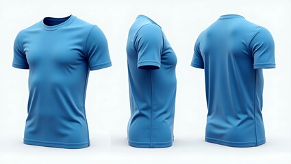 Realistic 3D Mockup of Plain Blue Crew Neck T-Shirt Front Side and Back View on White Background