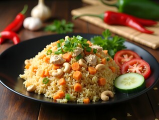Stir Fried Rice with Vegetables on Plate in Colorful Meal Setting