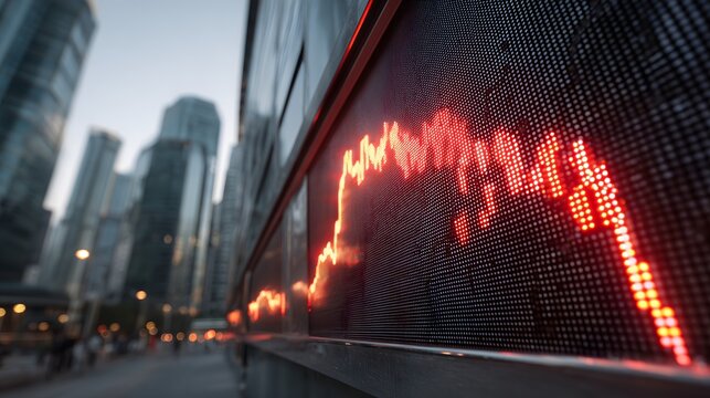 Digital red stock market graph showing financial decline on LED display in modern cityscape, symbolizing market crash, economic downturn, or trading loss in global financial environment.

