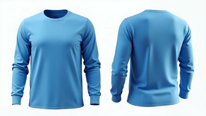 Realistic 3D Mockup of Plain Blue Long Sleeve T-Shirt Displayed Front and Back on White Background