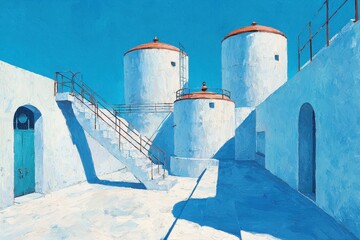 Obraz premium Serene White Architecture with Blue Sky and Unique Cylindrical Towers