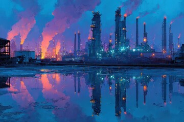 Naklejka premium Colorful Sunset Over Industrial Oil Refinery with Smoke and Reflections