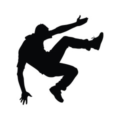 Silhouette of a man in action performing acrobatic moves in mid air