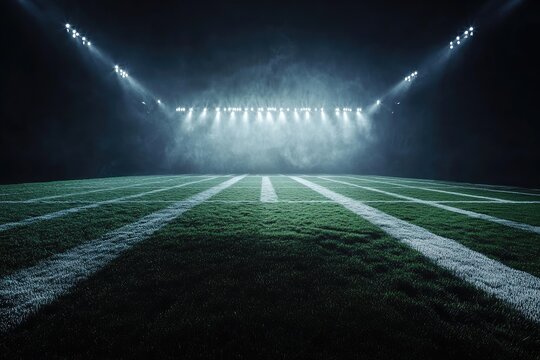 Nighttime view of a football field illuminated by bright spotlights, creating a dramatic, smoky atmosphere.  Yard lines are visible, suggesting an empty stadium - Powered by Adobe