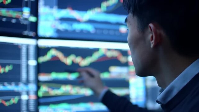 Focused business professional analyzing financial data on multiple computer screens - Powered by Adobe