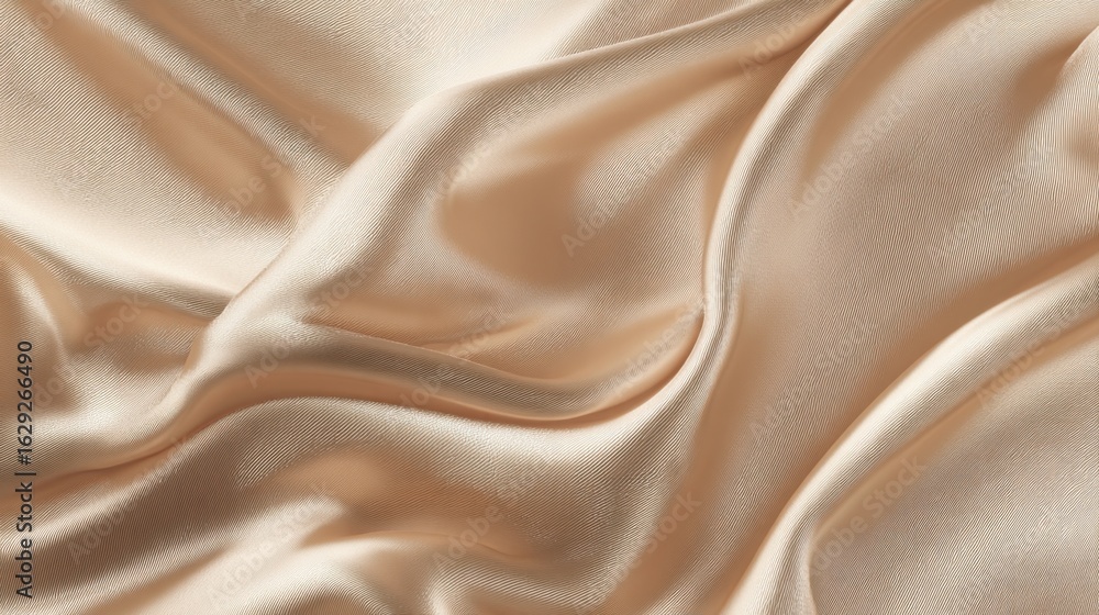 Poster rich golden silk fabric flows in gentle folds, showcasing its smooth texture and reflective surface.