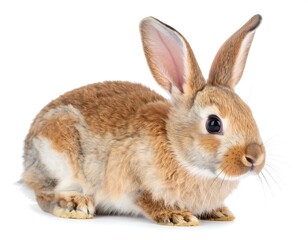 Obraz premium A young, light brown rabbit sits against a white background (1)