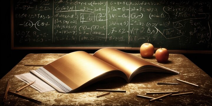 A book is open on a table with two apples and a pencil