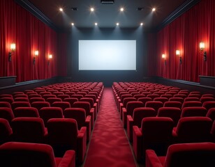 Fototapeta premium Empty luxurious cinema with plush red seats and large screen movie theater auditorium