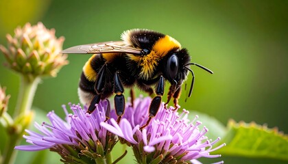 Detailed Macro Shot of a Bumblebee on a Purple Flower, Close-Up