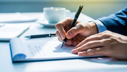 Person signing a document with a pen on a white surface, completing an official agreement or contract in a clean and minimal office setting with focused intent.