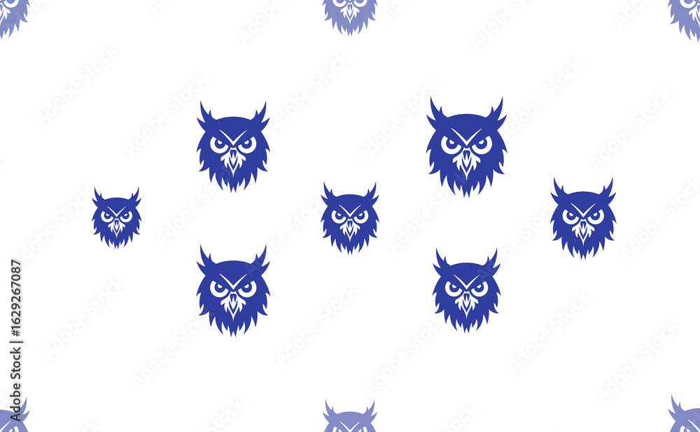 Poster seamless pattern of large isolated blue owl head symbols. the pattern is divided by a line of elemen