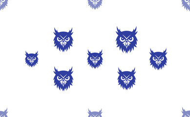 Seamless pattern of large isolated blue owl head symbols. The pattern is divided by a line of elements of lighter tones. Illustration on light transparent background