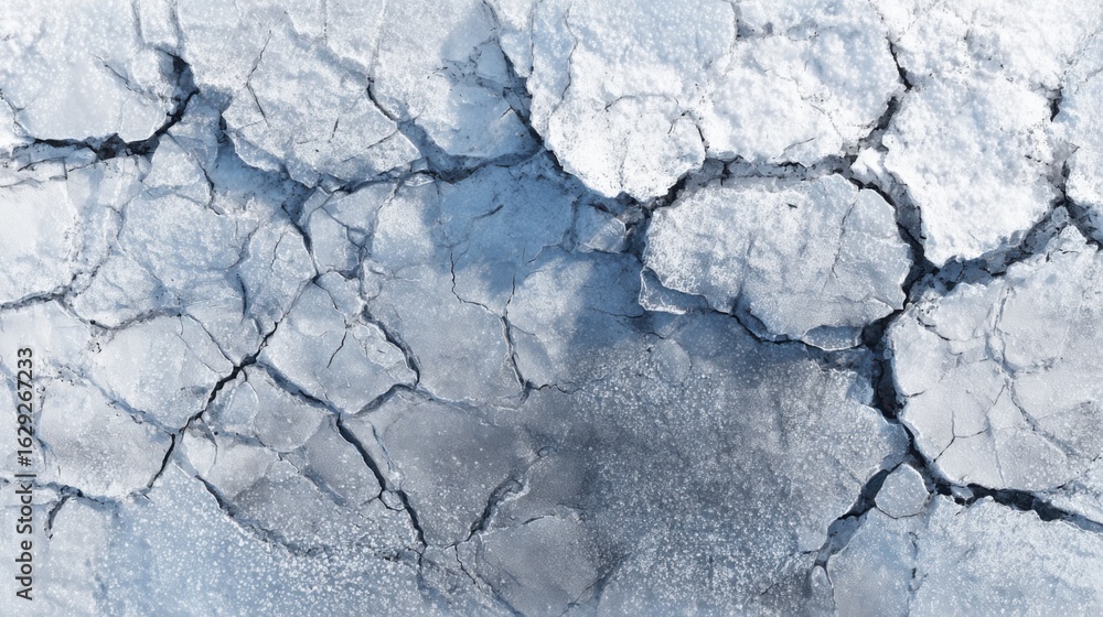Poster a frozen lake showcases a cracked ice surface with distinct patterns. the icy landscape reflects the
