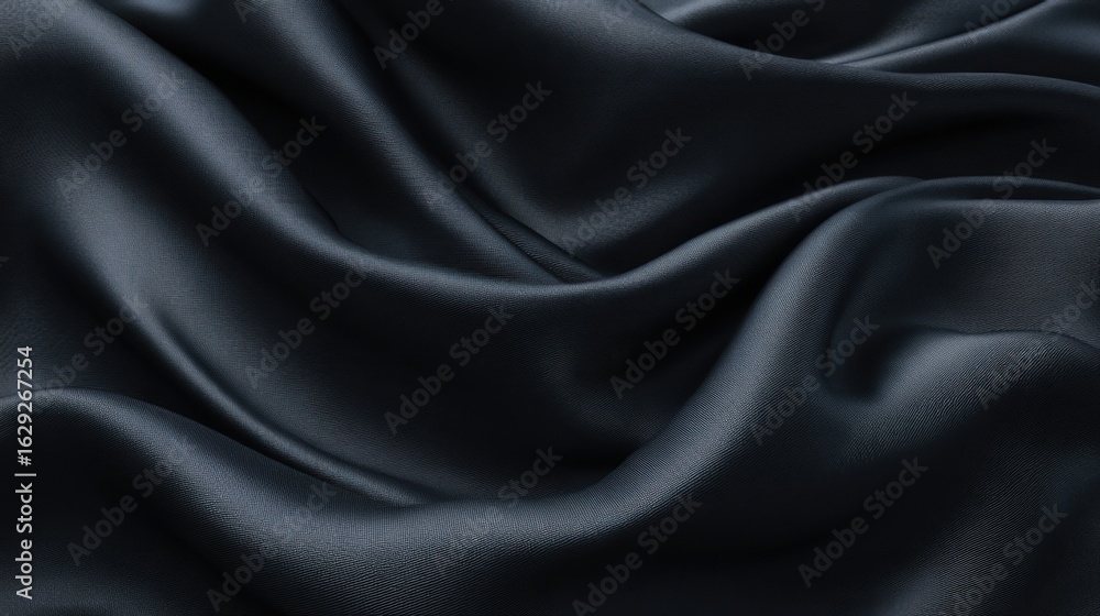 Poster soft black satin fabric is elegantly draped and folded, highlighting its smooth texture and rich col
