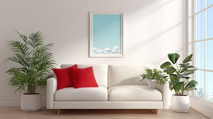 White sofa in a sunlit room with plants.