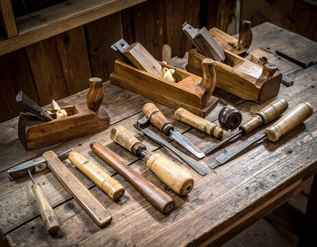 Vintage woodworking tools on workbench