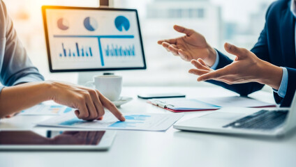 People discussing data charts and graphs at a table in an office, analyzing key metrics and performance trends together in a strategic business planning session.