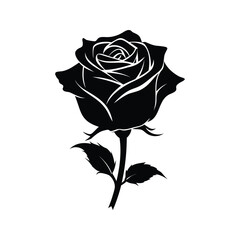 Elegant Black and White Silhouette of a Blooming Rose on White Background