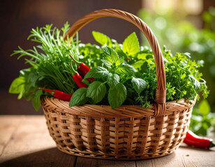Fresh herbs like perilla leaves, green onions, and chili peppers in a woven bamboo 