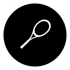 A tennis racket symbol in the center. Isolated white symbol in black circle. Illustration on transparent background