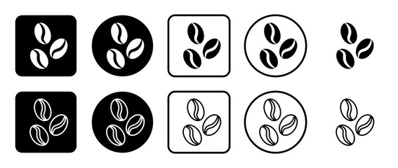 Icon set of coffee beans symbol. Filled, outline, black and white icons set, flat style.  Illustration on transparent background