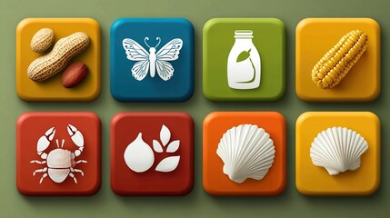 Allergen info icons for peanuts, soy, dairy, and shellfish in flat vector style, ideal for restaurant menus, apps, and packaging design
