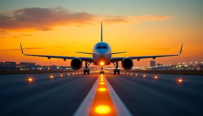 Jet airplane taxiing on runway during golden hour airport