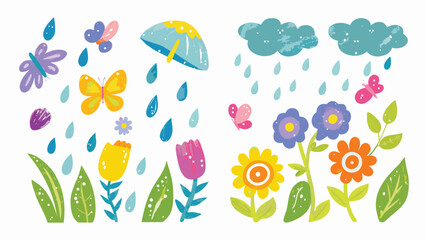 Illustration depicting flowers butterflies and rain with umbrella and clouds in a garden scene