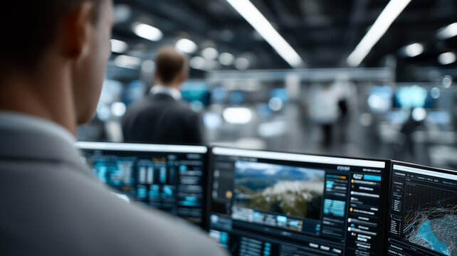 Wide Angle Full Shot of Futuristic Medical Technology Scene Featuring a Doctor in Lab Coat Using Tablet and Laptop Surrounded by Holographic Patient Data and AI-Driven Analytics in High-Tech Hospital 