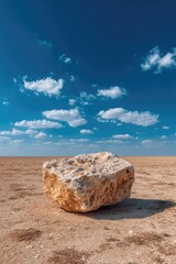Lone rock in vast, flat desert under a bright blue sky