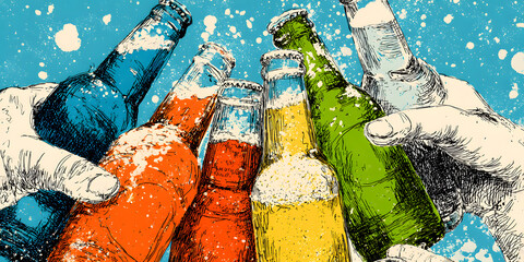 beer clinking toasting with bottles in celebration party one line