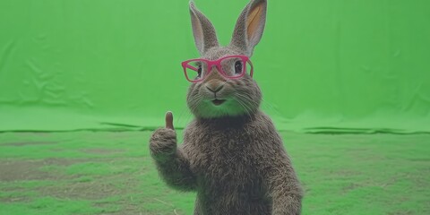 A brown rabbit wearing pink glasses gives a thumbs-up against a green screen backdrop