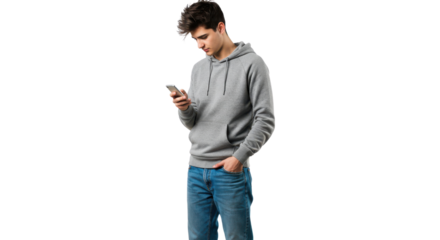 Young man using his phone isolated PNG with Transparent Background