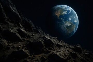 Earth rising above asteroid surface in outer space