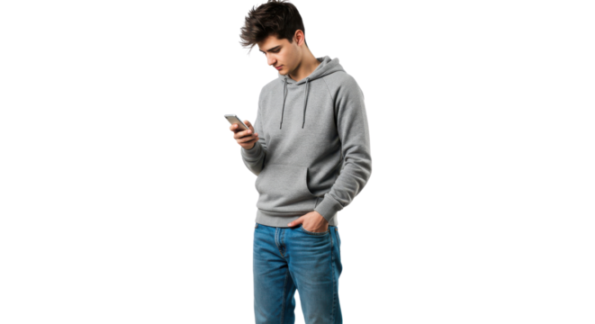 Young man using his phone isolated PNG with Transparent Background