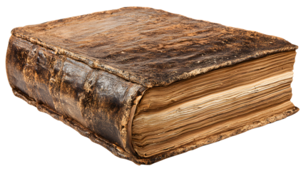 Ntique leather bound book with aged pages, knowledge and history on transparent background