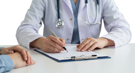 Doctor filling out medical document with patient present isolated PNG with Transparent Background