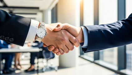 Two people in suits shake hands in a bright office setting, finalizing a professional agreement with mutual respect and confidence during a successful business interaction.