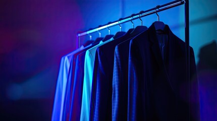 Elegant suits hang neatly on a rack illuminated by striking blue lighting at a fashion event highlighting trends in modern mens fashion and attire