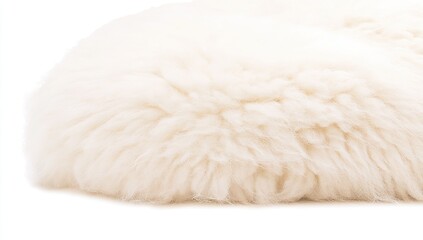Close-up of a fluffy, off-white, natural fiber rug or cushion, showing texture and depth of the plush pile