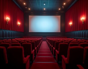Empty cinema auditorium with plush red seating and large screen theater red seats
