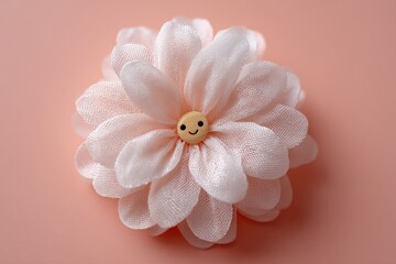 Delicate pink flower with a smiling button on a peach background