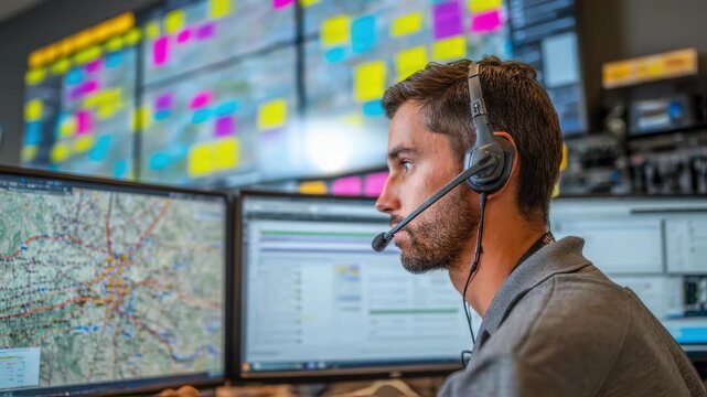 A busy logistics coordinator wearing a headset monitors live shipment data on dashboards with wall maps and organized sticky notes highlighting critical transport routes and