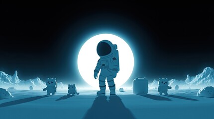 An explorer in a spacesuit stands confidently on a strange planet surrounded by adorable creatures with a massive moon illuminating the landscape