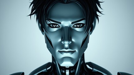 Futuristic humanoid robot stands prominently with detailed facial features and a striking gaze in a minimalist light colored backdrop that enhances its design