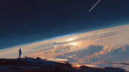 A solitary figure stands on a rocky terrain, gazing at the stunning view of Earth and stars during twilight. The vibrant colors of dusk illuminate the sky, creating a serene atmosphere.